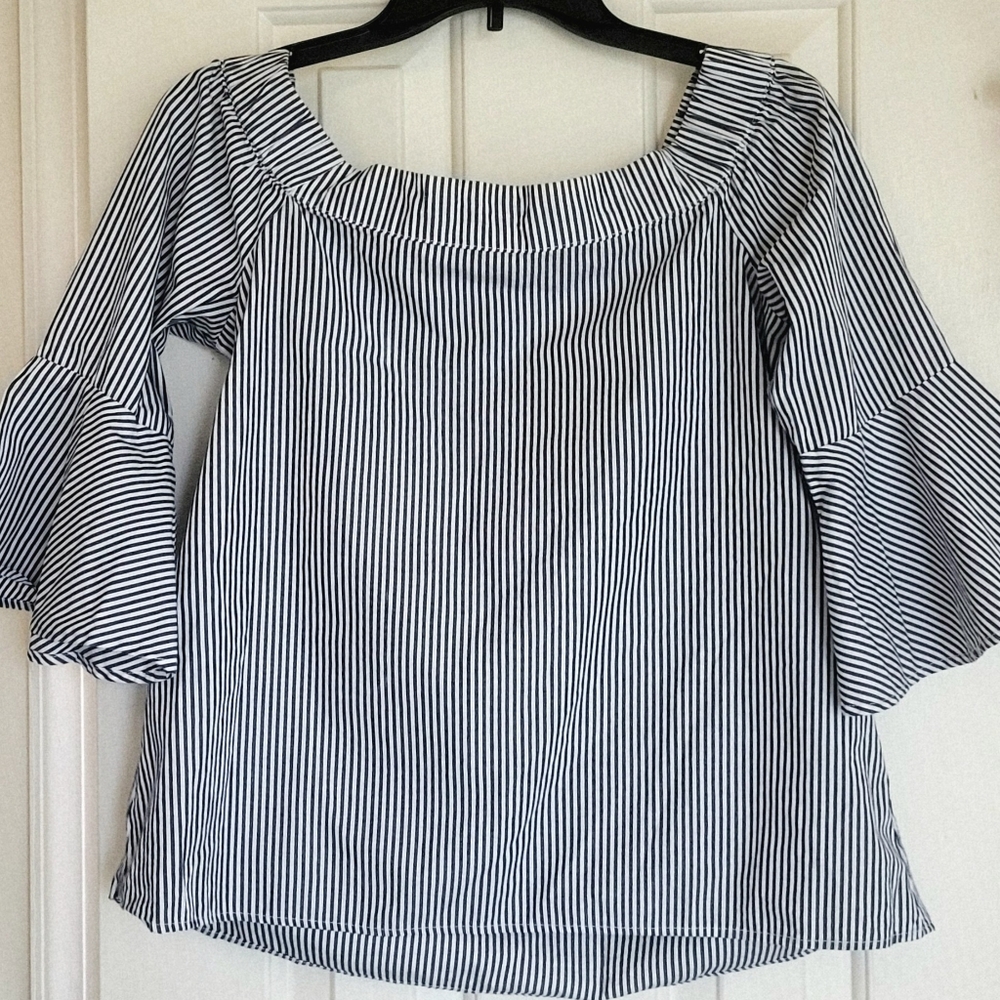 Cupio Off-Shoulder Navy Striped Blouse - Picture 2 of 8